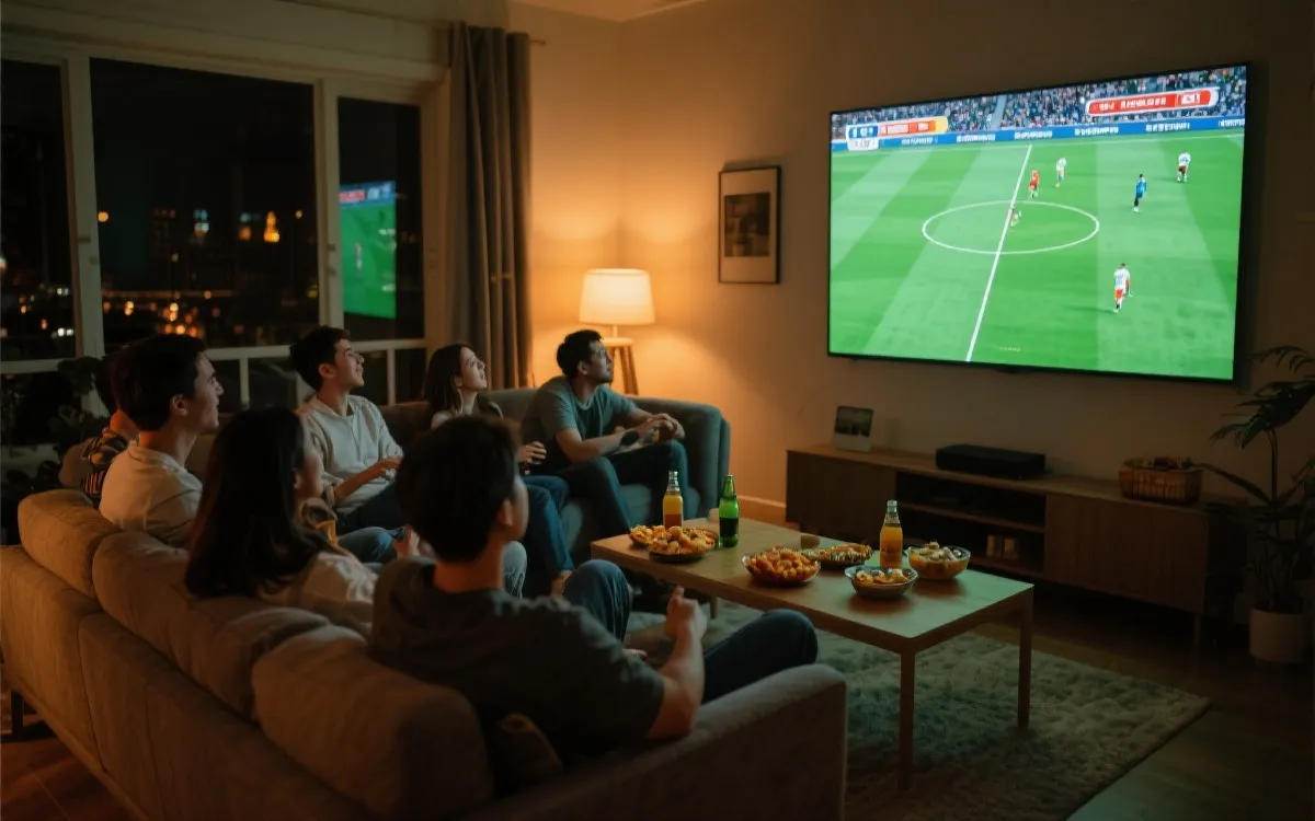 家庭客厅大屏观看足球比赛的夜晚氛围